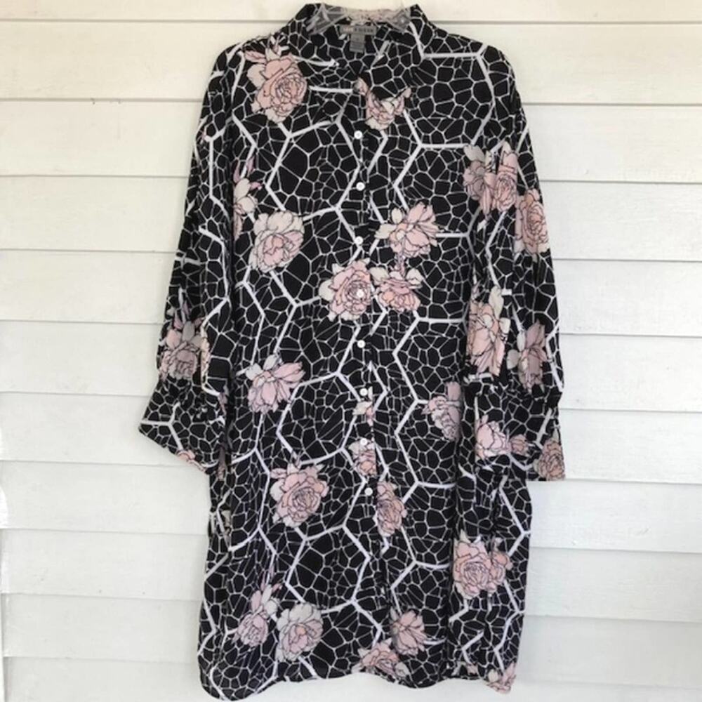 Nordstrom Love by Design NWT Brooklyn Black Floral Art Button Shirt Dress XL - Picture 2 of 8